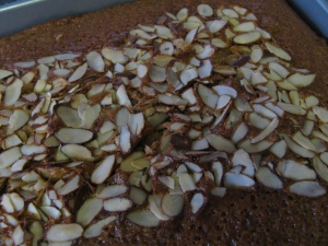 Honey cake with toasted almonds straight out of the oven